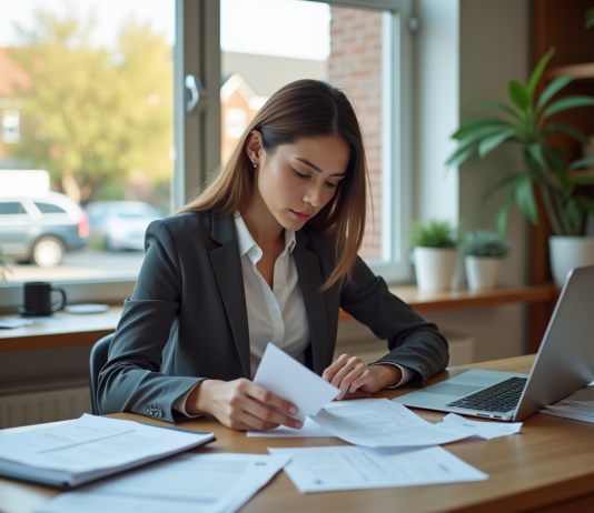 Femme professionnelle examine une estimation de déménagement dans un bureau