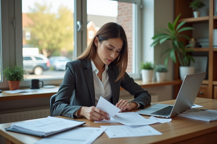 Femme professionnelle examine une estimation de déménagement dans un bureau