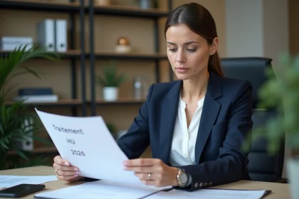 Femme professionnelle en bureau examinant un document