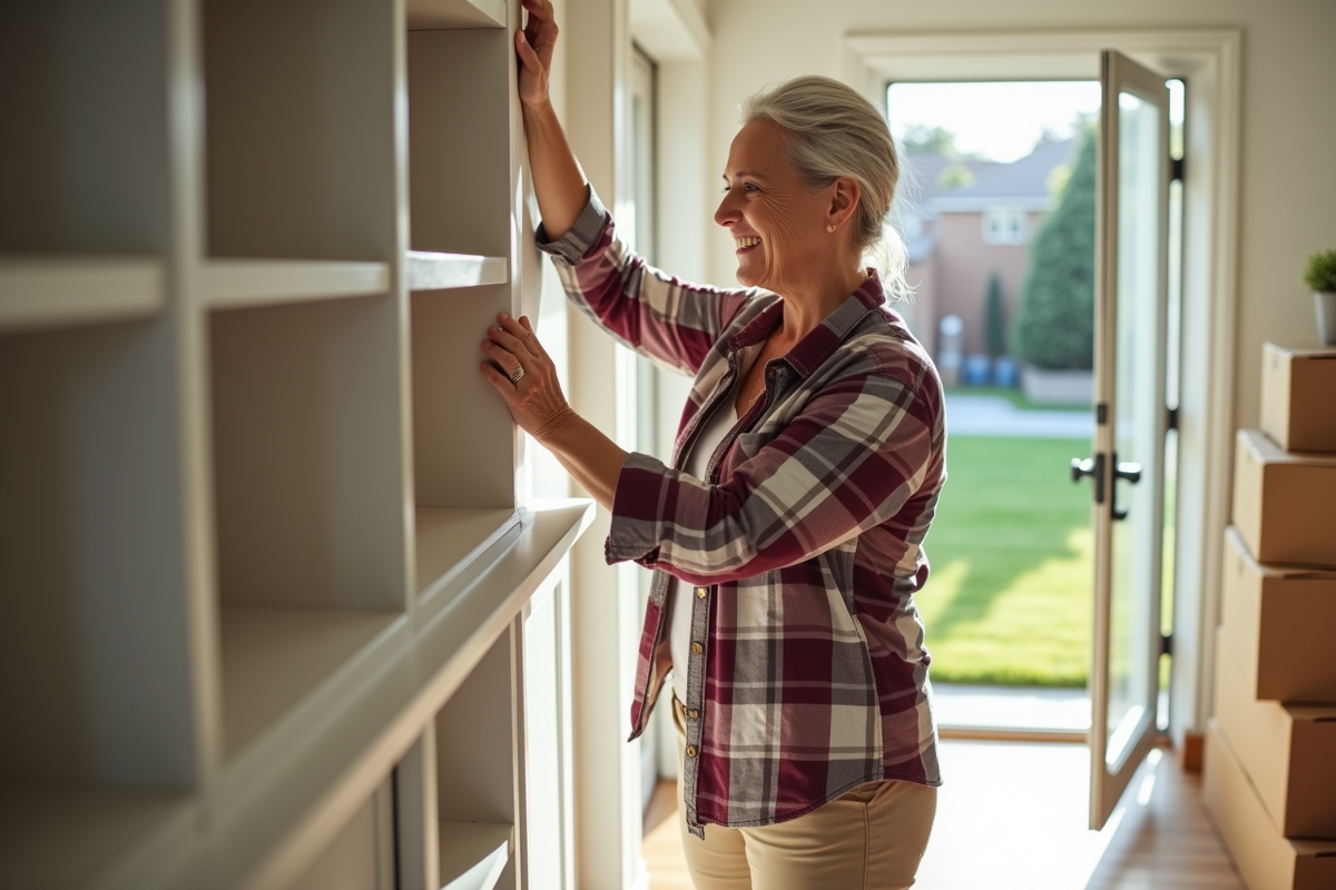 Femme posant une protection sur une étagère dans l