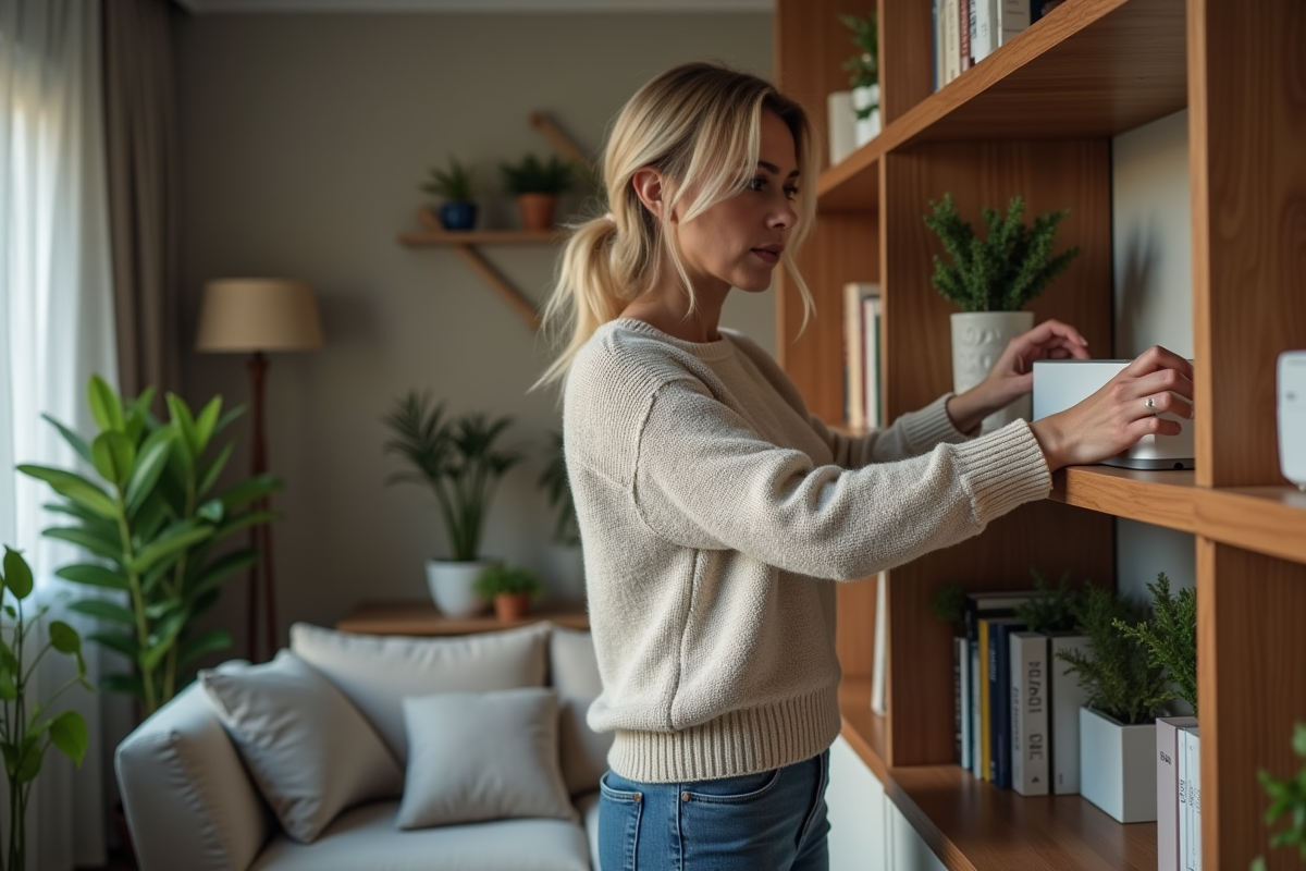 Femme réglant le WiFi dans son salon cosy