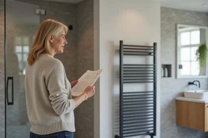 Femme examine un radiateur électrique dans une salle de bain rénovée