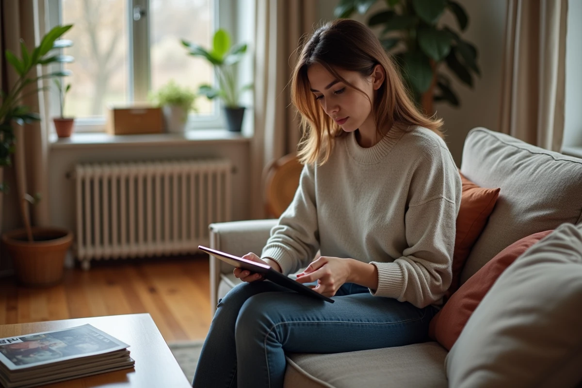 Jeune femme contemplative dans son salon cosy