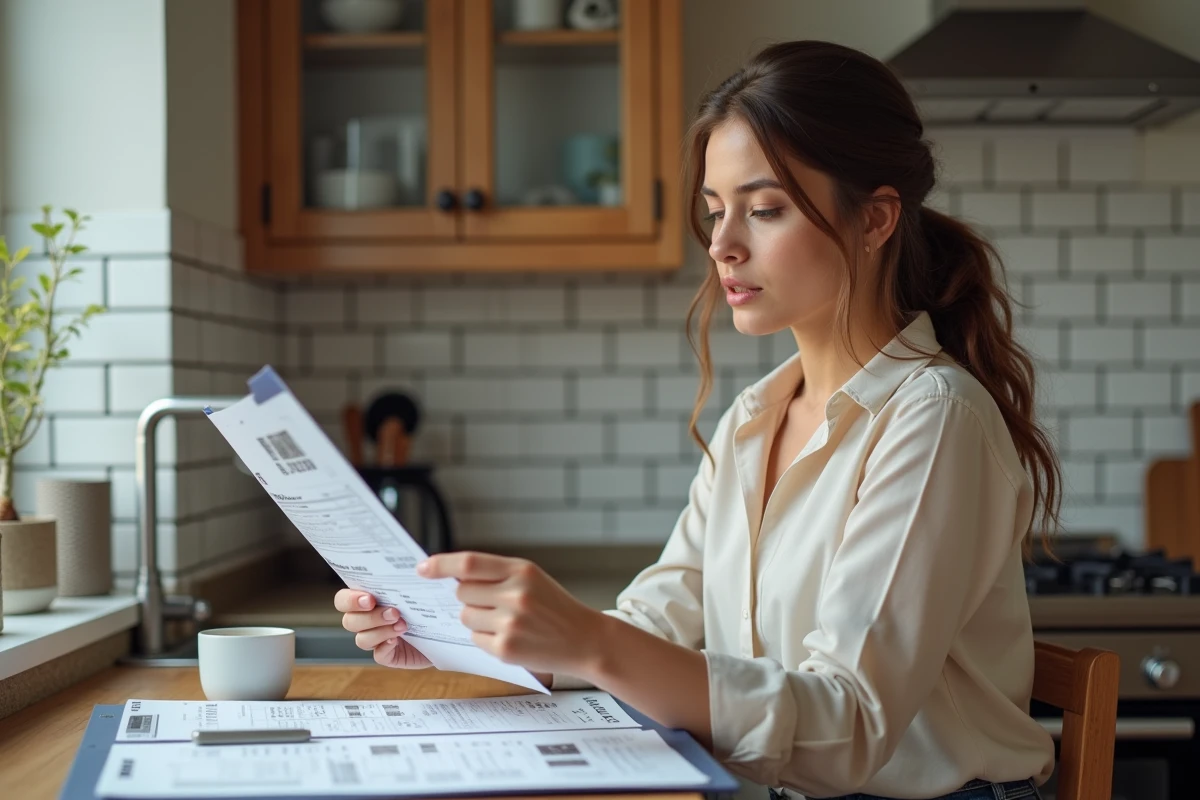 Jeune femme consulte un devis de carrelage dans la cuisine