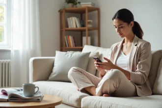 Jeune femme élégante consultant les tendances mode sur son smartphone dans un salon minimaliste