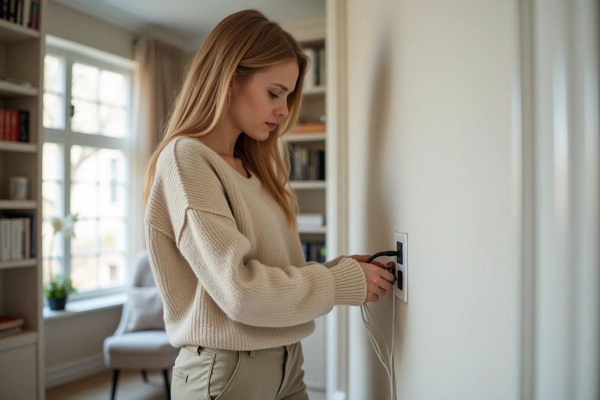 Jeune femme inspectant une prise murale dissimulée dans un mur