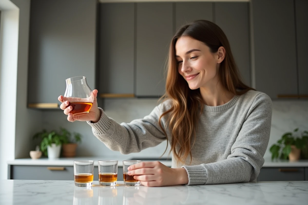 Femme évaluant la couleur d’un whisky dans une cuisine moderne