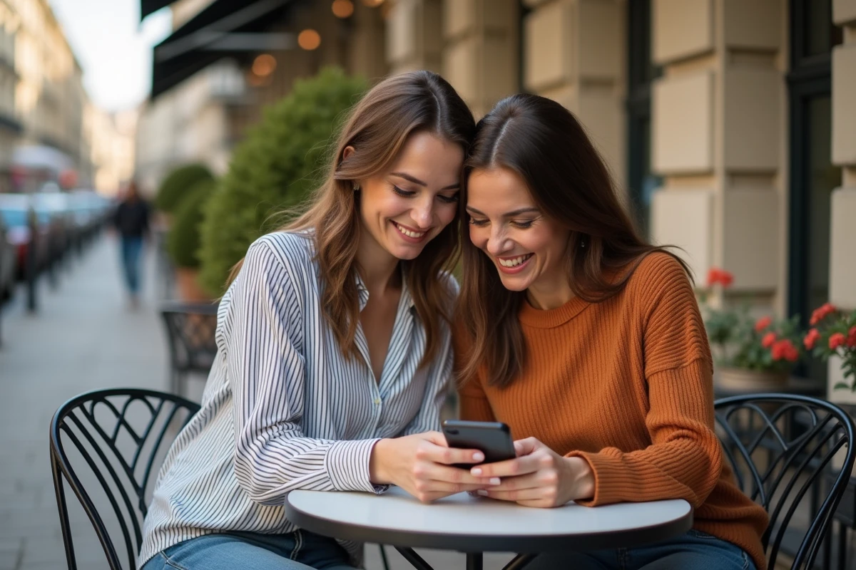 Deux femmes discutant des dernières tendances Callmespring sur un smartphone en terrasse parisienne