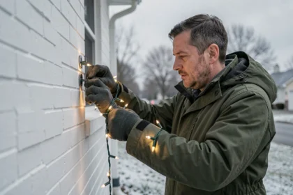 Homme fixant des lumières de Noël extérieures sur une façade en brique blanche avec des crochets adhésifs sans percer