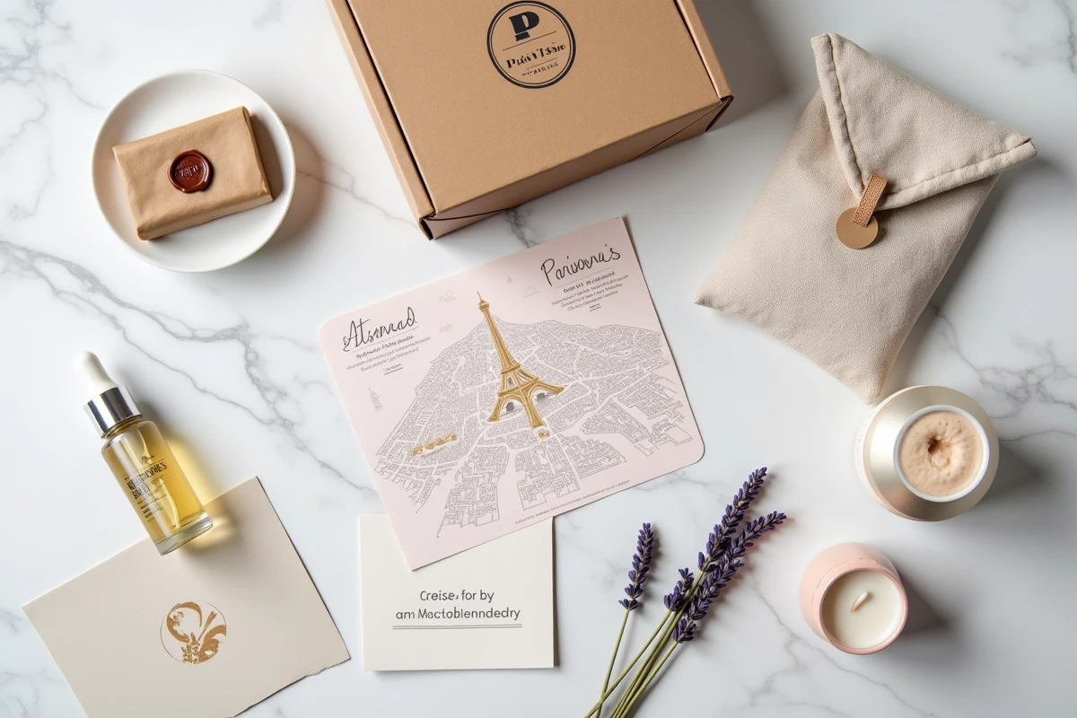 Flat-lay des produits contenus dans la Box Que J'adore Paris disposés sur un plan de travail en marbre blanc avec carte postale parisienne et accessoires lifestyle