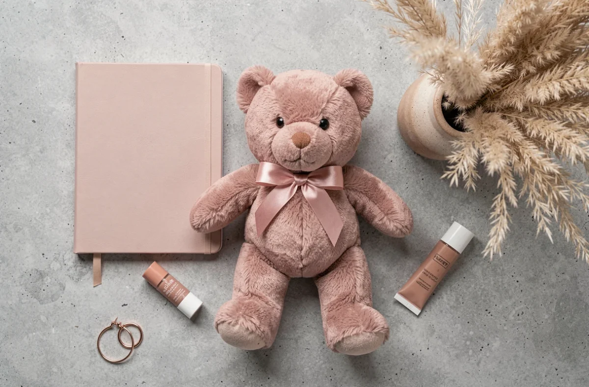 Flat lay esthétique d'un ourson en peluche rose poudré entouré d'accessoires cadeaux pour adolescente, style minimaliste tendance