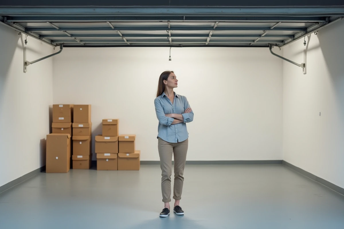 Garage résidentiel entièrement vidé et rangé après un débarras complet, femme satisfaite à l'entrée