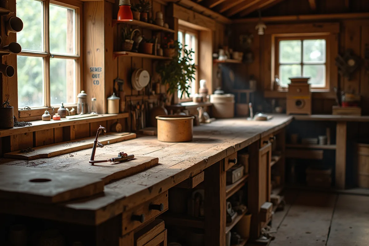 Établi en bois massif apportant une touche rustique à un intérieur authentique