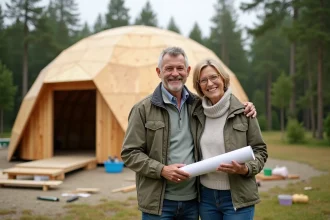 Domespace en forme sphérique avec matériaux naturels et design futuriste
