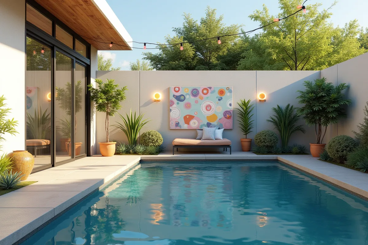Mur décoré autour d'une piscine avec des plantes et des matériaux modernes