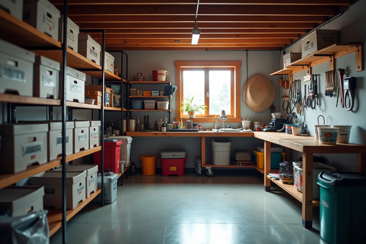 Sous-sol en désordre avec objets à trier et organiser