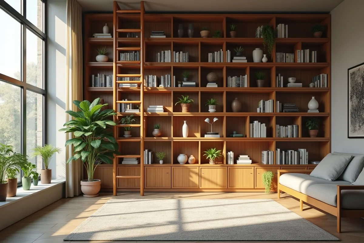 Échelle en bois intégrée à une bibliothèque moderne et élégante