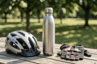 Gourde inox 1 litre posée sur une table en bois à côté d'un casque de vélo et de gants de cyclisme