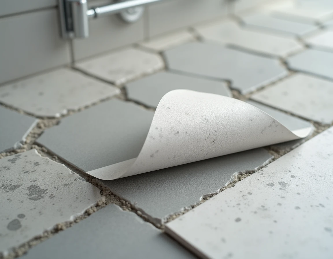 Gros plan sur un revêtement autocollant posé sur un carrelage salle de bain daté révélant les deux surfaces