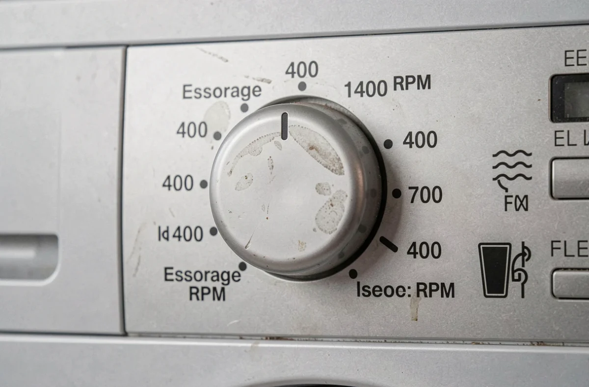 Gros plan sur le cadran d'essorage d'une machine à laver avec les vitesses en tours par minute et pictogrammes