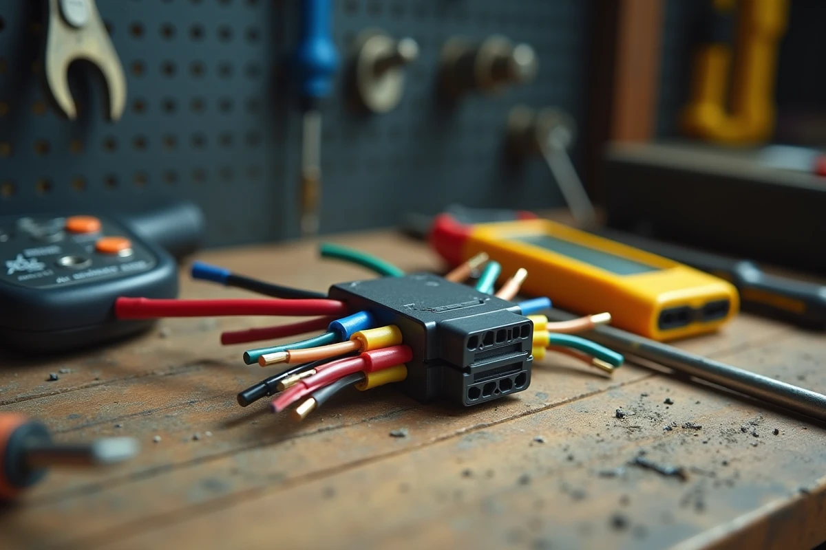 Gros plan d'un connecteur araignée électrique pré-câblé avec fils colorés sur un établi d'artisan