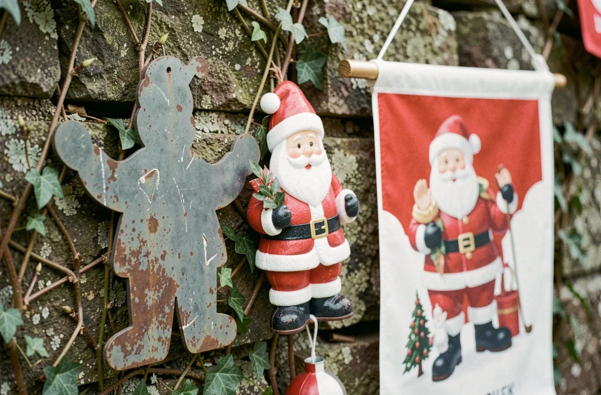 Gros plan sur plusieurs décorations père Noël extérieur économiques accrochées sur un mur de jardin en pierre