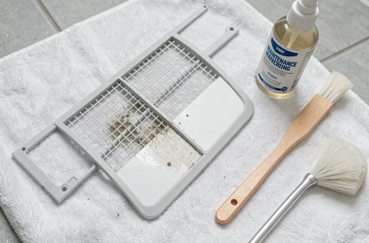 Gros plan sur une grille VMC démontée posée sur un chiffon microfibre avec un spray d'entretien et une brosse