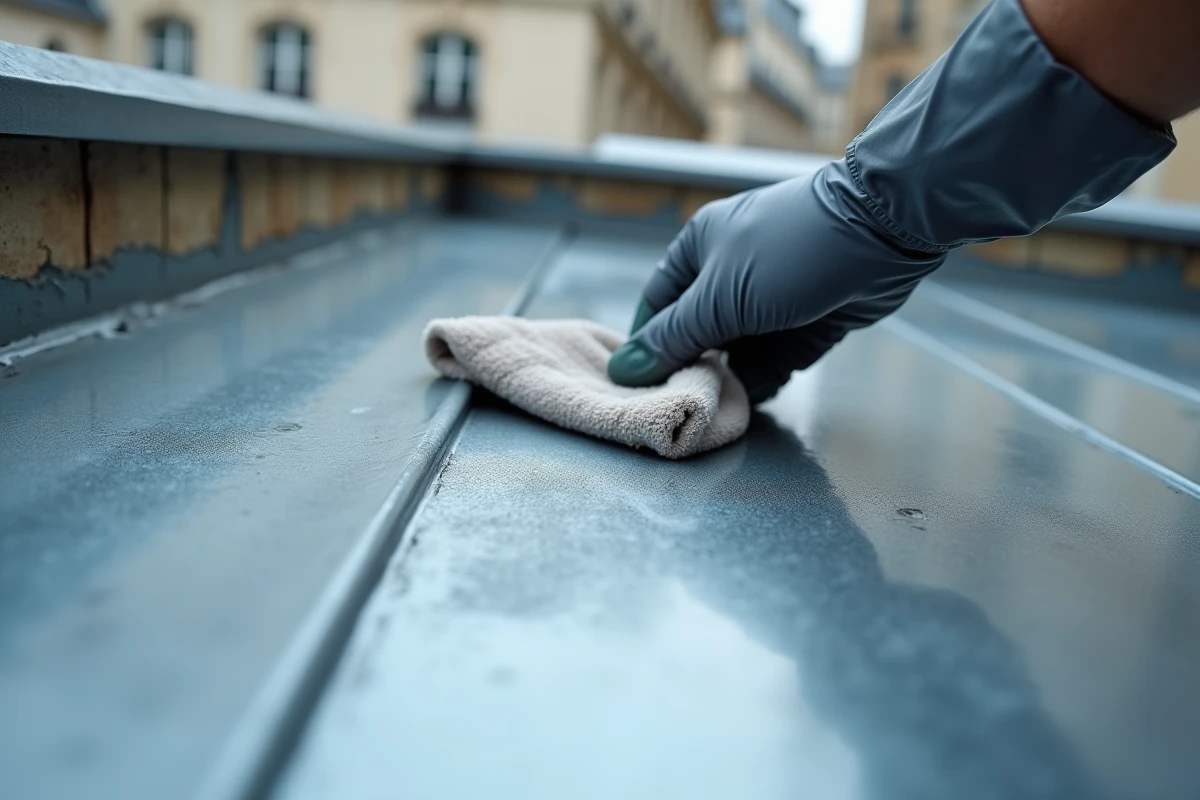Gros plan sur l'application d'un produit de patine sur une toiture plate en zinc avec un chiffon applicateur
