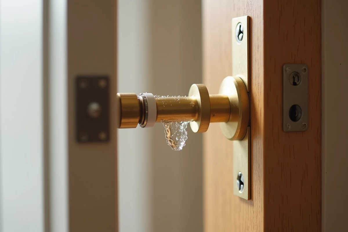 Gros plan sur un pêne de serrure en laiton lubrifié avec un spray PTFE sur un cadre de porte blanc