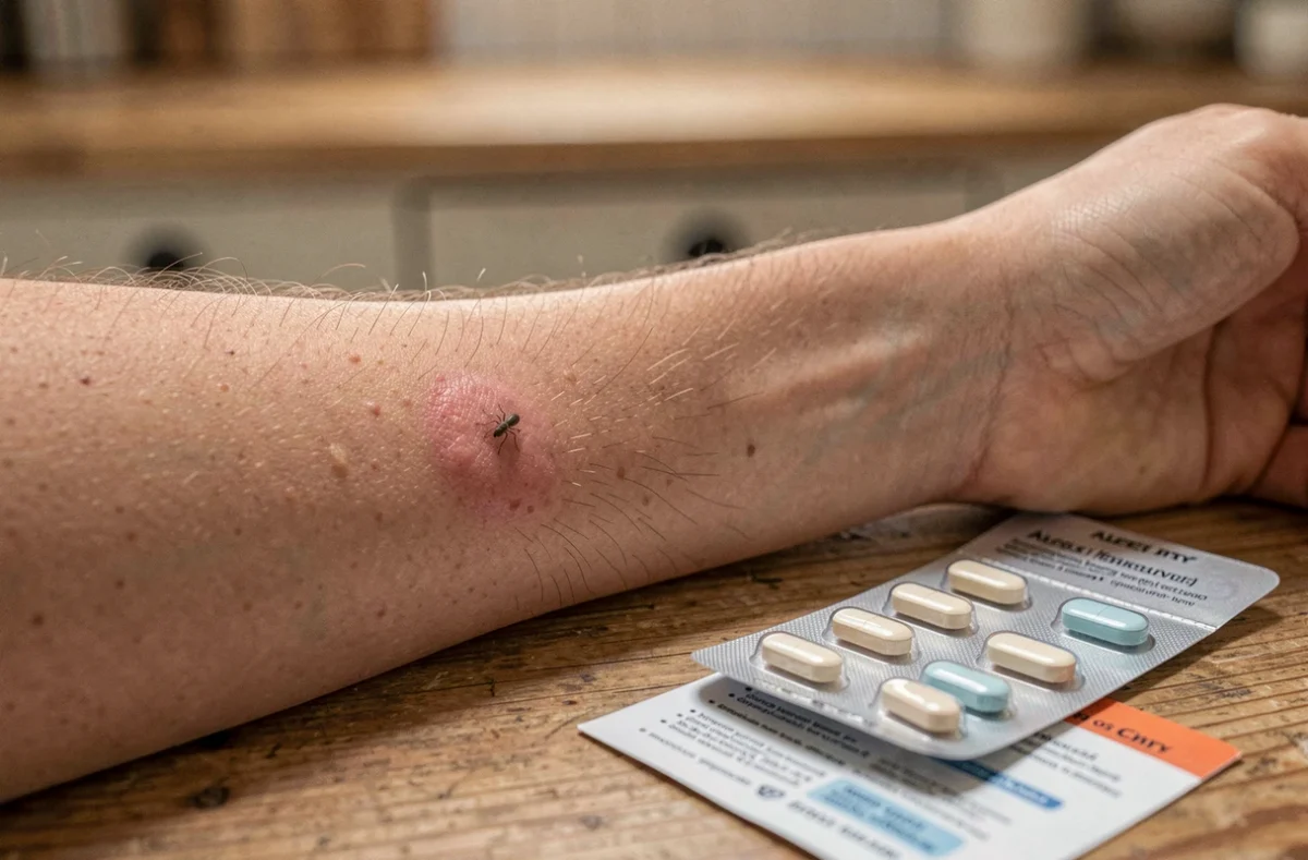 Gros plan sur une piqûre d'insecte sur un avant-bras avec des médicaments antiallergiques posés à côté