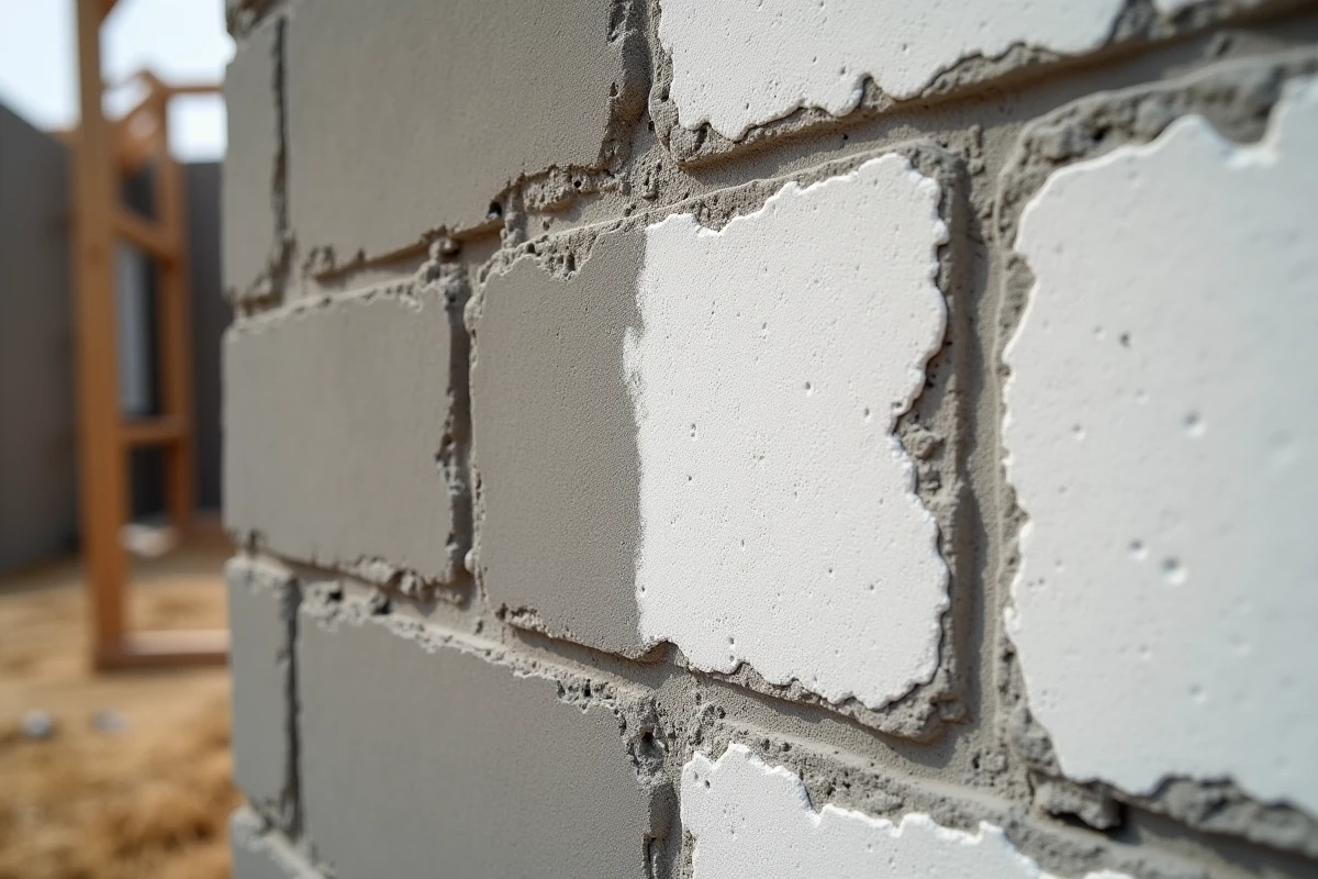 Gros plan d'un mur en parpaing extérieur avec primaire appliqué sur la moitié de la surface
