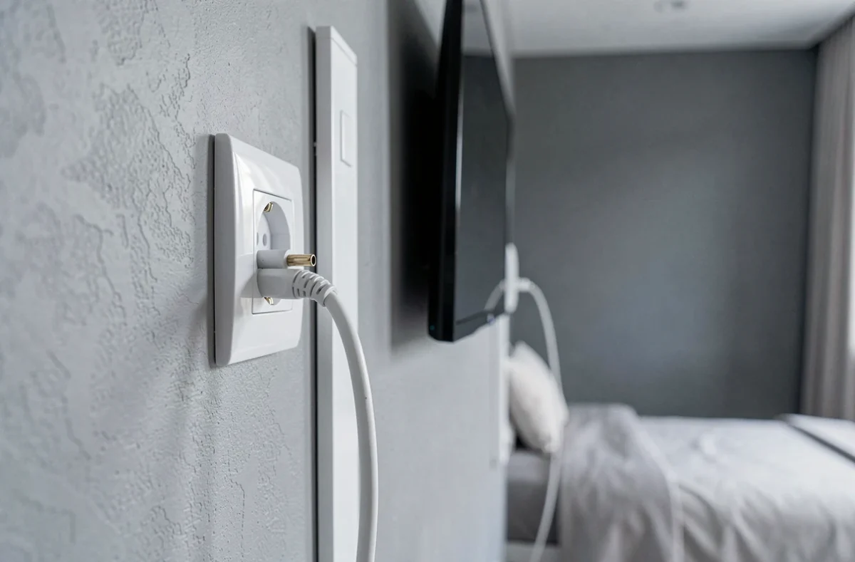 Gros plan sur une prise TV coaxiale encastrée dans un mur avec câble HDMI dissimulé sous un écran plat dans une chambre moderne