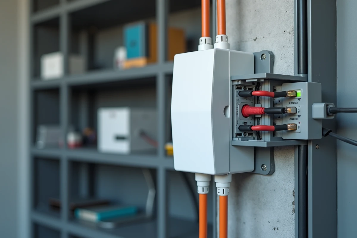 Gros plan sur un protecteur de surtension et filtre électronique installé dans un coffret électrique de maison connectée