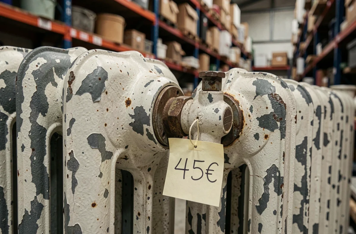 Gros plan sur un radiateur fonte ancien d'occasion avec étiquette de prix artisanale et patine authentique