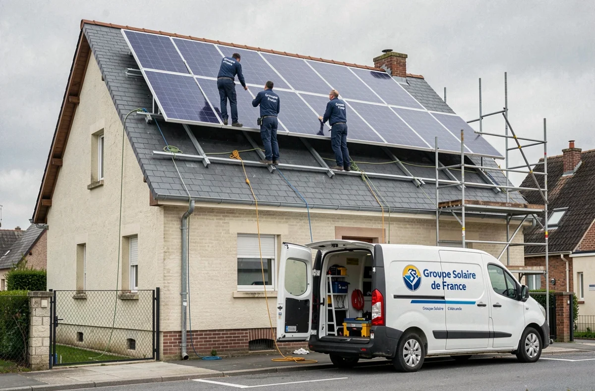Équipe du Groupe Solaire de France réalisant une installation de grande envergure sur un toit en banlieue de Nantes