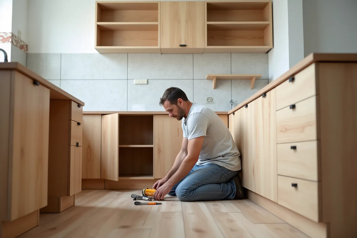 Homme en vêtements casual assemble meubles de cuisine