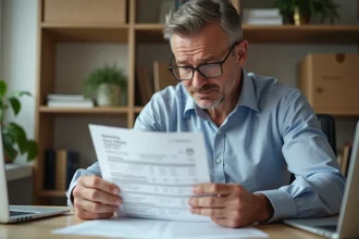 Homme d'âge moyen examinant un devis de déménagement dans un bureau