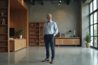 Homme d'affaires dans un showroom moderne vide