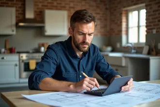 Homme en tenue de travail avec plans dans une cuisine en rénovation