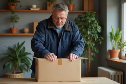 Homme en windbreaker tape un carton dans un bureau cosy