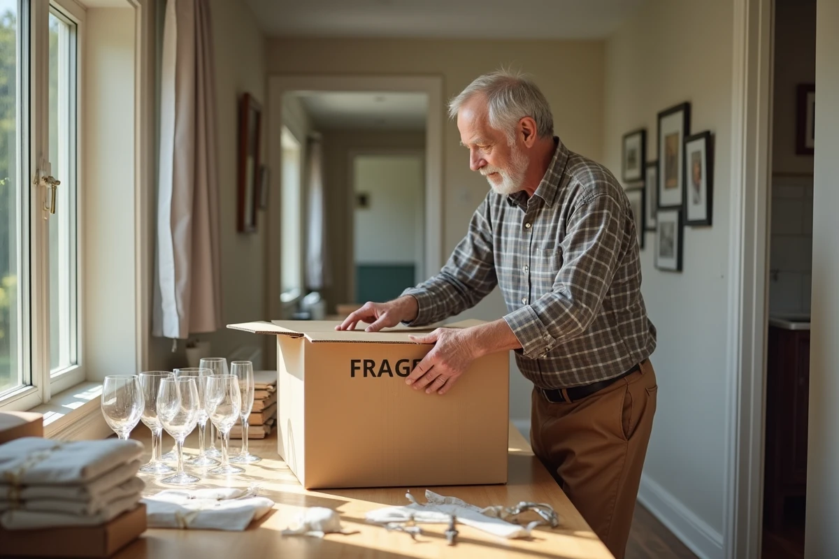 Homme âgé scellant une boîte fragile dans un couloir ensoleillé