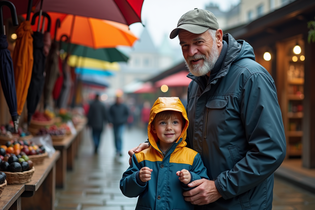 Homme et enfant choisissant des parapluies au marché