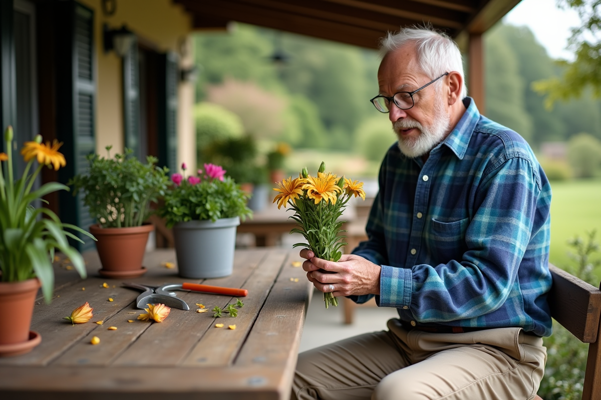 Homme âgé examine des lys fanés sur une table extérieure