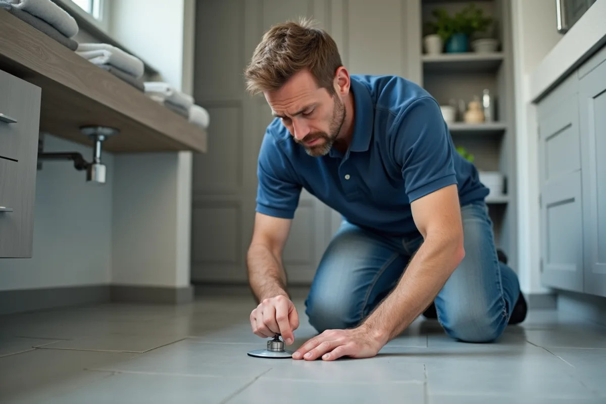 Homme d'âge moyen examine une ventouse dans la salle de bain