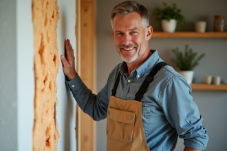 Homme d'âge moyen touchant l'isolation murale dans un salon moderne