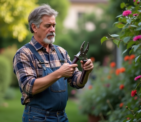 Sécateur : pourquoi ne coupe-t-il plus ? Conseils pratiques pour résoudre ce problème Homme d'âge moyen avec outils de jardinage en main
