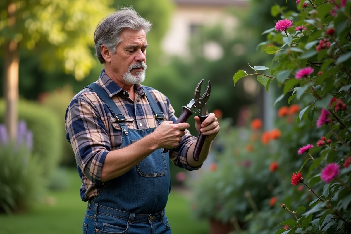 Homme d'âge moyen avec outils de jardinage en main