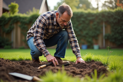 Homme en jeans et chemise à carreaux levelant la terre dans un jardin