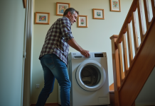 Machine à laver : comment transporter facilement dans les escaliers ? Homme d'âge moyen manœuvrant un lave-linge dans un escalier étroit