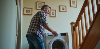 Machine à laver : comment transporter facilement dans les escaliers ? Homme d'âge moyen manœuvrant un lave-linge dans un escalier étroit